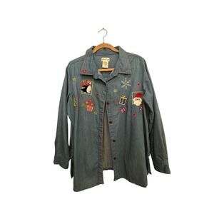 Bobbie Brooks Women's Blue Christmas Santa Penguin Embroidered Denim Shirt 14W